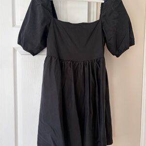 Square Neck Puff Sleeve Mini Dress in Black Cotton Lyocell Blend Pockets